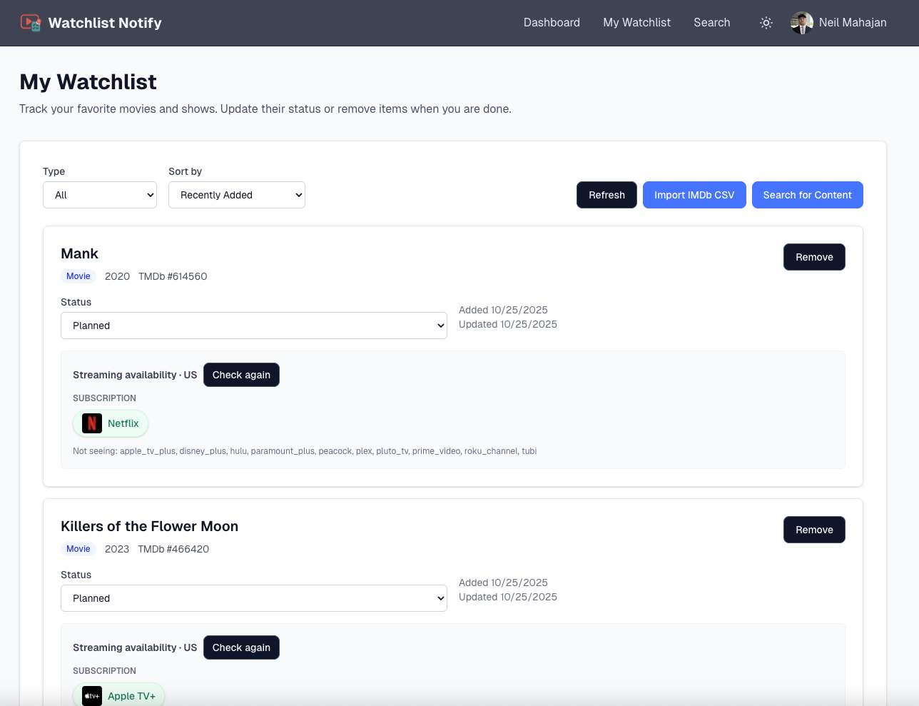 Watchlist Notify - Watchlist Page